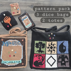 May include: A collection of crocheted bags and pouches, including two totes and three dice bags. The bags feature various designs, including a hand, a card, and geometric patterns. The text "pattern pack" and "3 dice bags 2 totes" are visible.