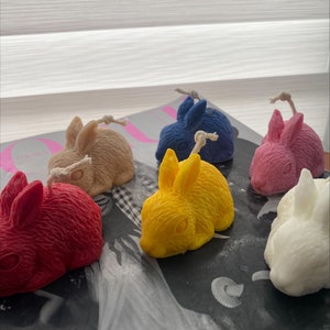 May include: Six small bunny-shaped candles in various colours, including red, yellow, pink, blue, and beige. The candles are arranged on a black and white magazine.