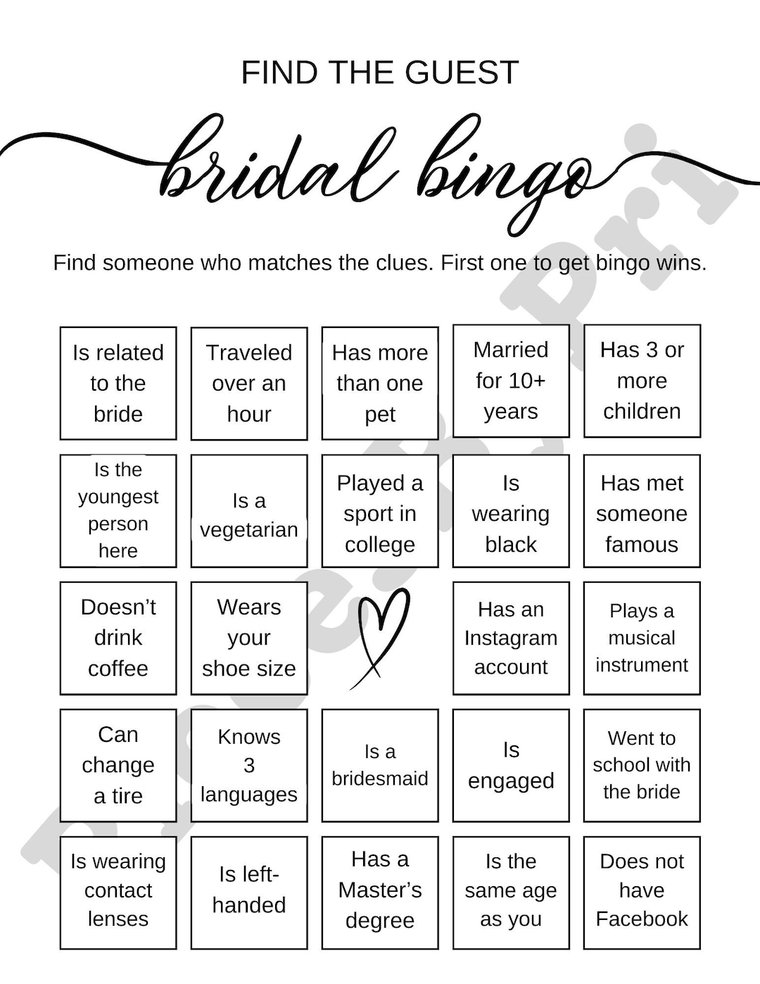 Bridal Bingo Printable Custom Design Game for Guests Bridal Shower ...