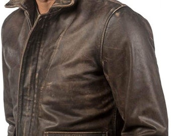 Men's Indiana Raiders of The Ark Jones Harrison Brown Distressed Leather Jacket, Vintage indiana jacket for men, Indiana the dial jacket