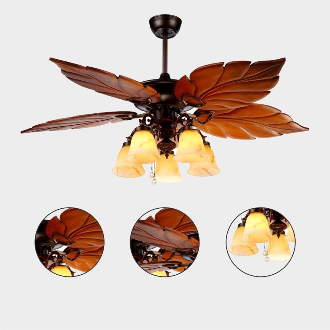 Rustic Ceiling Fan With Lights and Remote, Wooden Palm Leaf Blades