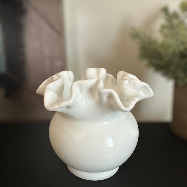 Vintage Fenton Milkglass ruffled edge vase | White Glass | Vintage and MCM Home Decor