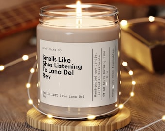 Smells like shes listening to Lana Del Rey candle, Lana Del Rey, soy candle, merch, gift for her