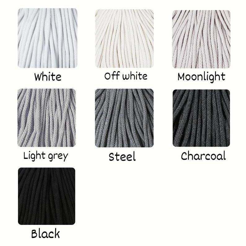 May include: A color chart displaying seven samples of cord in various shades: white, off white, moonlight, light grey, steel, charcoal, and black. Each sample is labeled with its corresponding color name in black text below the cord image.