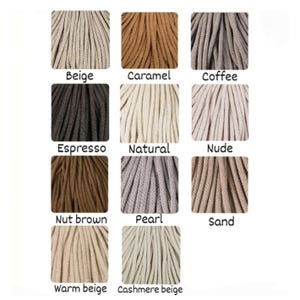 May include: A color chart featuring eleven swatches of braided cord in various neutral shades labeled Beige, Caramel, Coffee, Espresso, Natural, Nude, Nut brown, Pearl, Sand, Warm beige, and Cashmere beige, arranged in a grid format for selection.