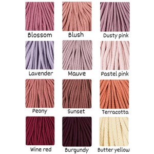 May include: A grid of twelve swatches of braided cord in various colors, each labeled with its name: Blossom, Blush, Dusty pink, Lavender, Mauve, Pastel pink, Peony, Sunset, Terracotta, Wine red, Burgundy, and Butter yellow.