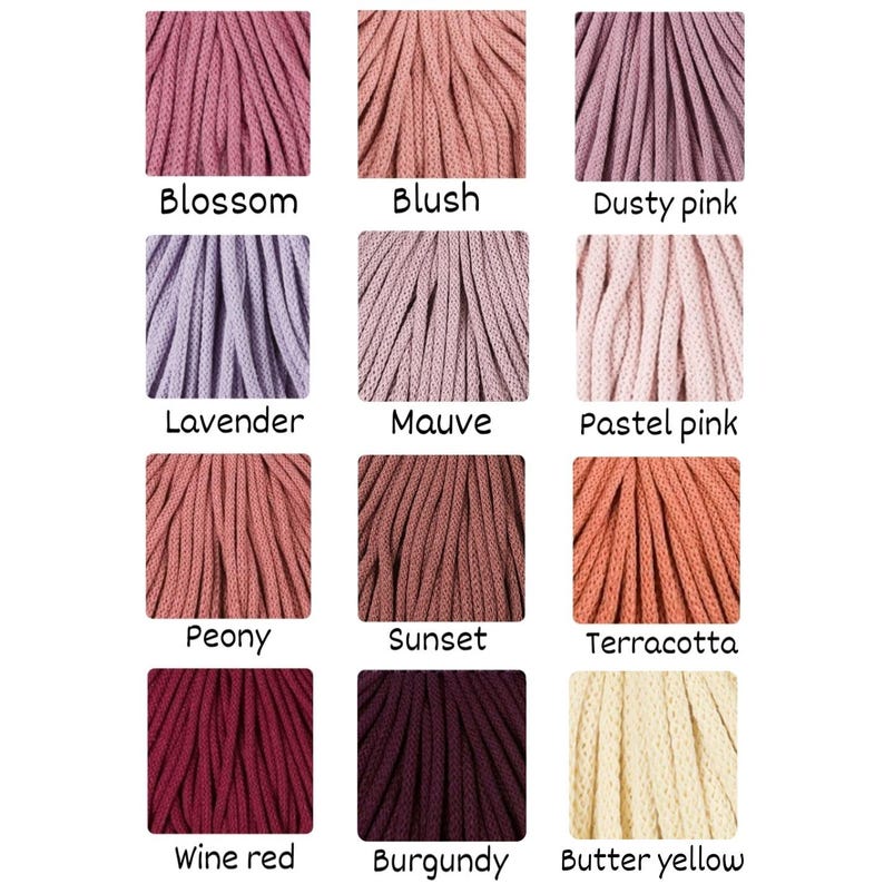 May include: A grid of twelve swatches of braided cord in various colors, each labeled with its name: Blossom, Blush, Dusty pink, Lavender, Mauve, Pastel pink, Peony, Sunset, Terracotta, Wine red, Burgundy, and Butter yellow.