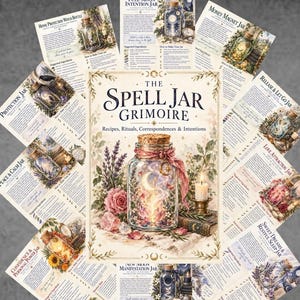 May include: The Spell Jar Grimoire book cover features a central glass jar with a cork stopper, adorned with a crescent moon charm and pink ribbon, surrounded by lavender, roses, and a candle, with multiple recipe pages fanned out around it.