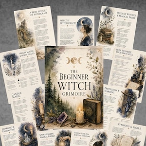 May include: A collection of informational pages titled The Beginner Witch Grimoire, featuring watercolour-style illustrations of forests, candles, crystals, and books. The pages contain printed text covering topics like moon magic, spell writing, and symbols.