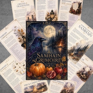May include: A collection of printed informational pages surrounding a central Samhain Grimoire poster. The central image features a large black raven, a full moon, a forest, pumpkins, and a pomegranate. The pages contain text and illustrations.