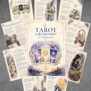 Peut inclure: Une collection de fiches informatives intitulée Tarot Grimoire for Beginners, présentant des illustrations à l'aquarelle de cartes de tarot, de corps célestes et de paysages. Les pages incluent du texte sur l'histoire du tarot et les techniques.