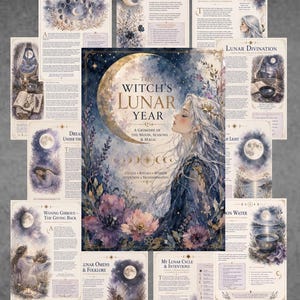 Może przedstawiać: Kolekcja wydrukowanych stron zatytułowana The Witch's Lunar Year, zawierająca akwarelowe ilustracje osoby z długimi włosami, półksiężyców, kwiatów i motywów niebieskich. Tekst zawiera sekcje dotyczące cykli księżycowych, rytuałów i folkloru.