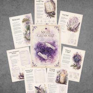 May include: A collection of printed pages titled Sigil Grimoire, A Practical Guide to Creating & Using Sigils for Magic & Manifestation. The pages feature purple watercolour illustrations, botanical elements, crystals, and instructional text.