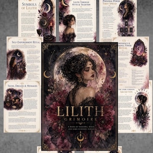 May include: A collection of printed pages titled Lilith Grimoire, featuring a central portrait of a person with dark hair and gold crescent moon accessories. The pages contain text, illustrations of moons, candles, and floral motifs in shades of deep purple, black, and gold, detailing rituals, tarot spreads, and myths.