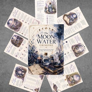 May include: A central book titled The Moon Water Grimoire: Harness the Power of Lunar Energy for Magic, Ritual & Everyday Life, surrounded by seven informational pages featuring illustrations of moon phases, glass bottles, and lavender.