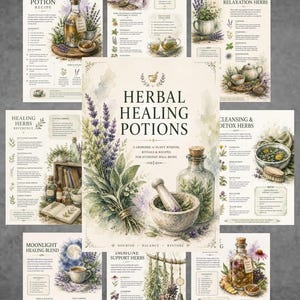 Puede incluir: Una colección de carteles informativos titulados Herbal Healing Potions, Sleep Potion Recipe, Energy & Vitality Herbs, Calming & Relaxation Herbs, Healing Herbs Reference, Cleansing & Detox Herbs, Moonlight Healing Blend e Immune Support Herbs.