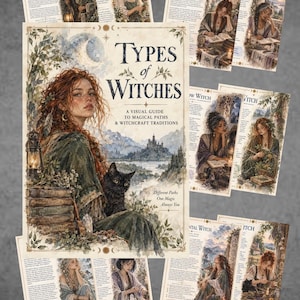 May include: A collection of printed informational cards titled Types of Witches: A Visual Guide to Magical Paths & Witchcraft Traditions. The cards feature watercolor-style illustrations of various figures in nature settings with text descriptions.