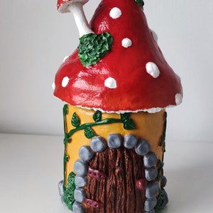 Papier mache fairy house, paper clay art, amanita mushroom, trinket box, jar.  Room decoration, sculpture.