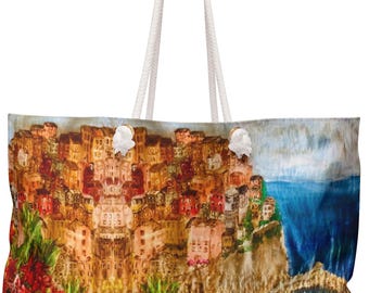 Amalfi Coast watercolor painting Weekender Bag | coastal travel tote