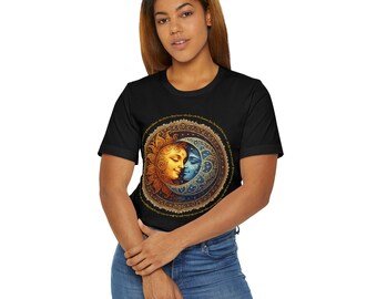 May include: Black t-shirt with a circular sun and moon design. The sun is yellow and orange, the moon is blue. The design is within an ornate border. The t-shirt is a classic crew neck style.