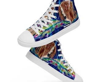 May include: White high-top canvas shoes with a colourful abstract design featuring a woman with long brown hair. The design includes shades of blue, green, purple, and yellow.