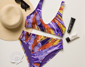 Bikini a vita alta in tessuto riciclato Purple Burst