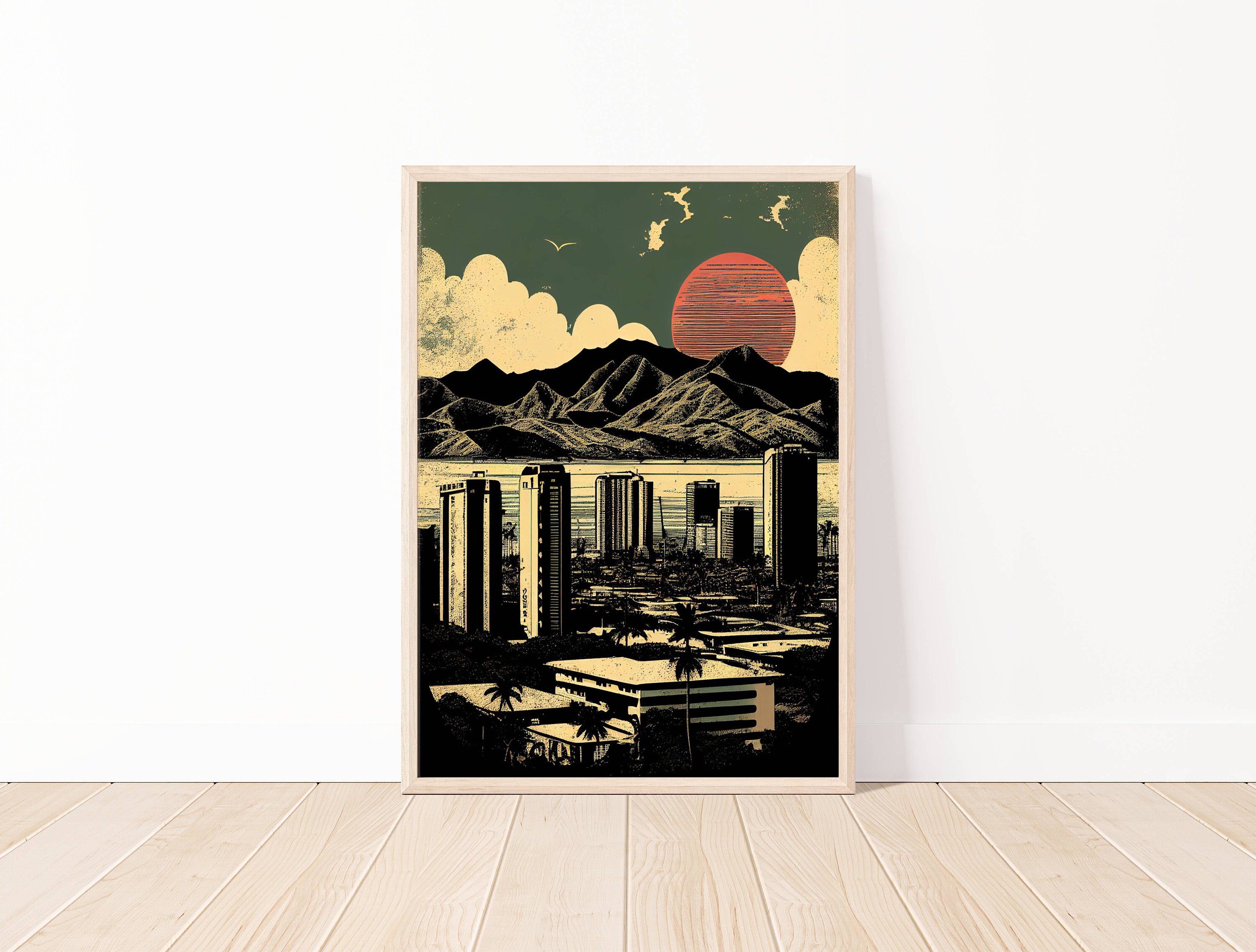 Vintage Honolulu Skyline Art, Digital Download Art, City