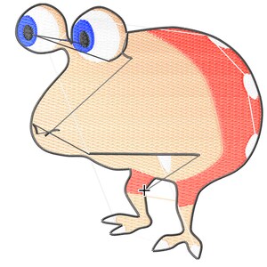 May include: A cartoon character with a red and white spotted body, large blue eyes, and two small legs. The character is standing on a white background.