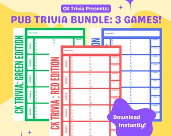 Puede incluir: Tres tarjetas de puntuación de juego de pub imprimibles en verde, rojo y azul. Cada tarjeta de puntuación tiene cinco rondas con espacios para diez preguntas por ronda. El texto "CK Trivia: Green Edition", "CK Trivia: Red Edition" y "¡Descarga instantáneamente!" es visible en las tarjetas de puntuación.