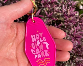 Hot Girls Can't Park Keyring, Pink Funny Motel Style Key Ring, Motel Key Chain, New Driver Gift, Novelty Keychain, Girly Car Gift