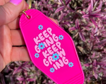 Keep Going Keep Growing Keyring, Pink Motivational Motel Style Key Ring, Motel Key Chain, New Driver Gift,  Novelty Keychain, Girly Car Gift