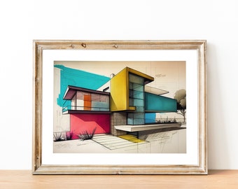 Retro Primary Colored Block Building | Pencil, Watercolor, Ink Drawing | Wall Art Print | Instant Download