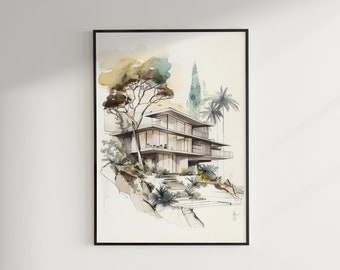 Contemporary House on the Hill | Pencil and Watercolor Drawing | Wall Art Print | Instant Download