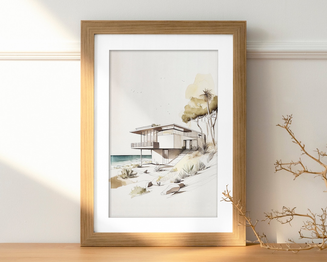 Minimalist Beach House Art Print Instant Download Pencil, Watercolor