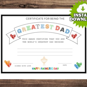 Printable Dad Certificate Gift - Father&#39;s Day PDF - All About Dad - Greatest Dad Award - Instant Download Gift for Him GDC001