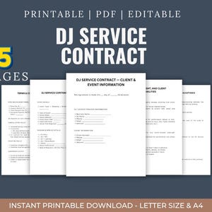 Modèle de contrat de service DJ, contrat DJ de mariage, formulaire de DJ événementiel modifiable, contrat commercial PDF, impression sur toile pour DJ et artistes de spectacle