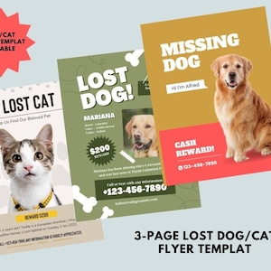 Three Editable Flyers | Missing Cat Sign | Lost Pet Poster | Ten Editable & Printable Templates | Lost Dog, Lost Dog Alert | Lost Cat Search