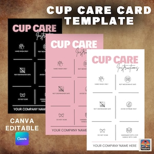 Cup Care Instructions Card, Editable Tumbler Care Guide, Printable Cup Care Card, Canva Template, Care Guide