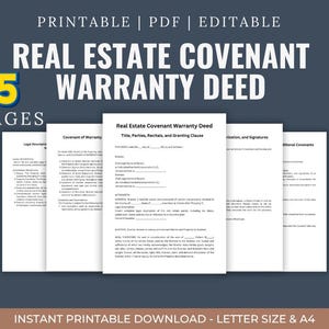 Real Estate Covenant Warranty Deed, Five Page Legal Document, Comprehensive Legal Clauses, Definitions, Recitals, Formalities