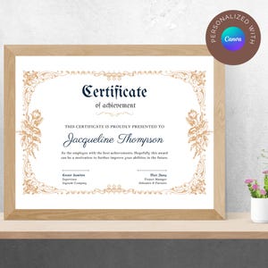 Modelo de Certificado de Conclusão Canva | Certificado de Curso Editável e Imprimível | Certificado de Prêmio de Beleza | Formato A4 e Carta EUA CF001