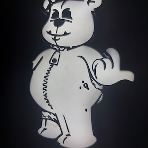 May include: A white cartoon bear with a zipper down the front, giving a thumbs-up gesture. The bear has a smiling face and is set against a black background. The bear's outline is black.