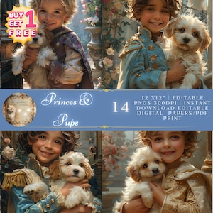 14 papiers numériques Prince et chiot mignons pour journaux indésirables, pages de chien pour travaux manuels de scrapbooking, fichiers PNG modifiables 8,5 x 11 avec lien de téléchargement Canva