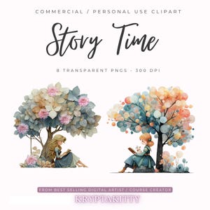 Ensemble de 8 princesses fantaisistes lisant sous les arbres pour travaux manuels et fabrication de cartes, ensemble PNG avec lien Canva modifiable pour journaux