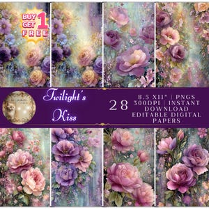 Pack de 28 papiers numériques rose pourpre pour travaux manuels PNG modifiables 8,5 x 11 arrière-plans floraux pour travaux manuels de scrapbooking, téléchargement immédiat Canva