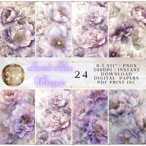 24 arrière-plans modifiables floraux lilas pastel pour les artisans, papiers d'artisanat pour journal de bordel de mariage 300 DPI, paquet de papier numérique floral lilas, PLR
