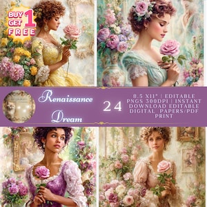 Paquet de 24 papiers numériques pour dames shabby chic et Renaissance pour l'artisanat et le scrapbooking de journaux indésirables, PNG modifiables, lien Canva modifiable de 8,5 x 11 po.