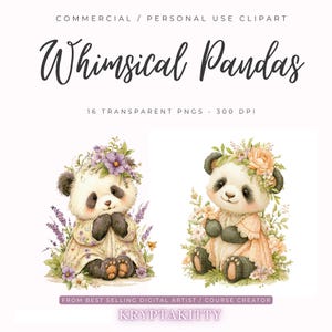 Whimsical Panda patchwork Clipart Bundle for Crafts | 16 Cute Cartoon PNGs | Transparent Background Images | Canva Editable | Commercial Use