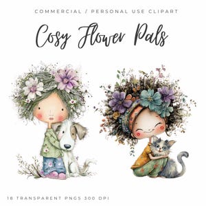 Paquete de imágenes prediseñadas de niñas y mascotas para manualidades, 18 imágenes PNG transparentes con enlace a Canva, personajes adorables para tarjetas y manualidades, Canva
