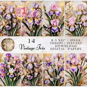 14 papeles digitales vintage Iris para scrapbooking, fondos florales de 8,5 x 11 pulgadas, paquete de papel Iris imprimible, conjunto de efímeras Iris púrpura antiguo