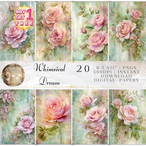20 Rose Floral Digital Papers Printable Download, Wedding Stationery Backgrounds, 8.5x11 Scrapbook Sheets, Canva Editable, Commercial Use